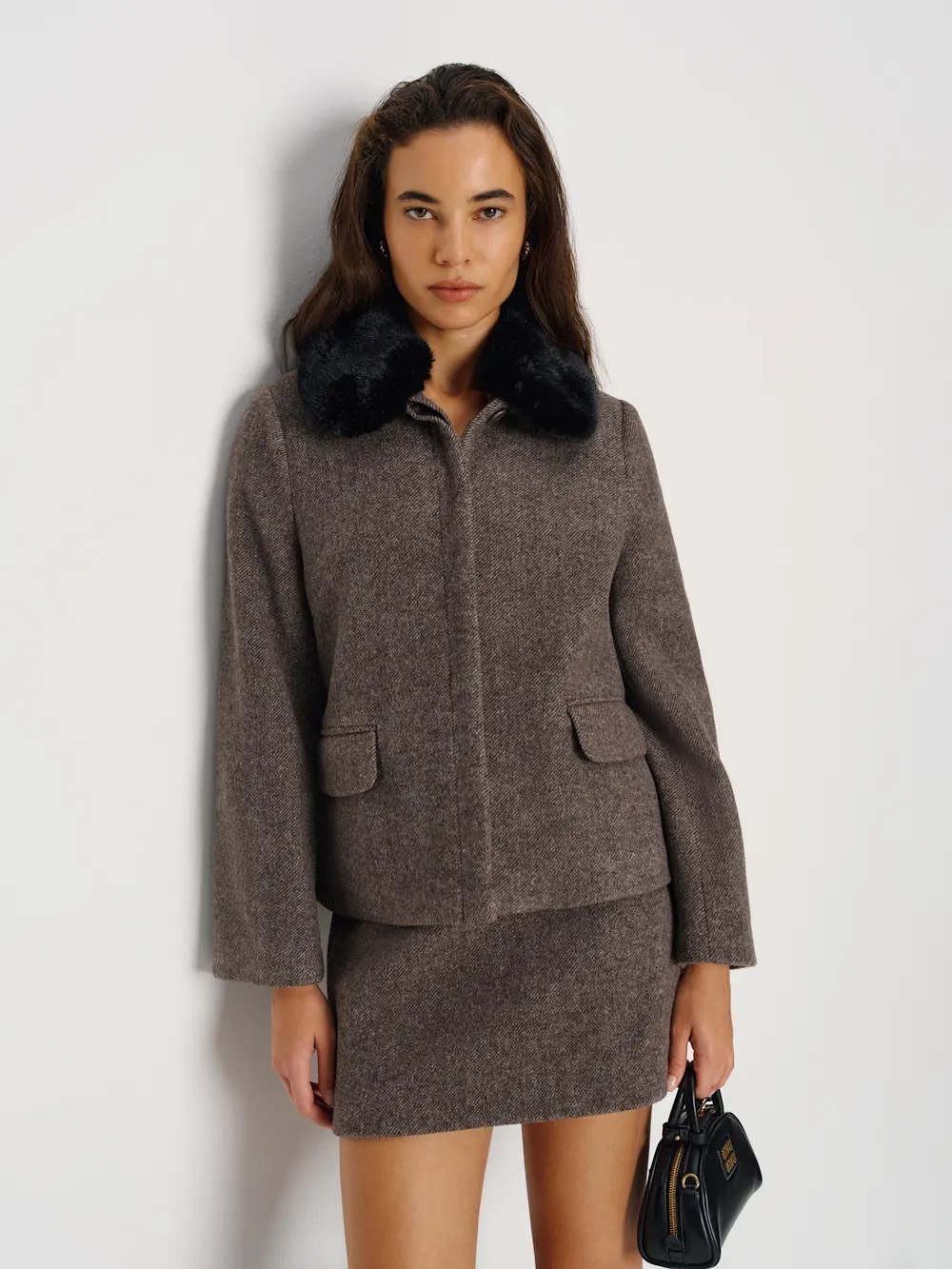 Reformation Gray Herringbone Pea Coat with Black Faux Fur Collar